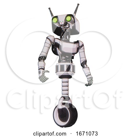 Bot Containing Dual Retro Camera Head and Cyborg Antenna Head and Light Chest Exoshielding and Ultralight Chest Exosuit and Unicycle Wheel. White Halftone Toon. Hero Pose. by Leo Blanchette