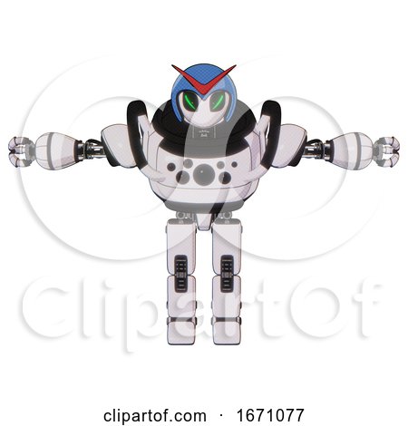 Mech Containing Grey Alien Style Head and Green Demon Eyes and Red V and Blue Helmet and Heavy Upper Chest and Chest Compound Eyes and Prototype Exoplate Legs. White Halftone Toon. T-pose. by Leo Blanchette