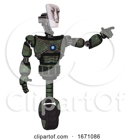 Android Containing Humanoid Face Mask and War Paint and Light Chest Exoshielding and Blue Energy Core and Unicycle Wheel. Old Corroded Copper. Pointing Left or Pushing a Button.. by Leo Blanchette