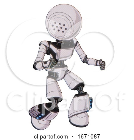 Automaton Containing Dots Array Face and Light Chest Exoshielding and Ultralight Chest Exosuit and Light Leg Exoshielding and Megneto-hovers Foot Mod. White Halftone Toon. Fight or Defense Pose.. by Leo Blanchette