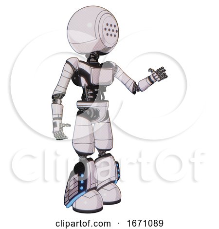 Automaton Containing Dots Array Face and Light Chest Exoshielding and Ultralight Chest Exosuit and Light Leg Exoshielding and Megneto-hovers Foot Mod. White Halftone Toon. Interacting. by Leo Blanchette