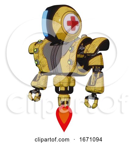 Robot Containing Round Head and Large Vertical Visor and First Aid Emblem and Heavy Upper Chest and Heavy Mech Chest and Green Cable Sockets Array and Jet Propulsion. Construction Yellow Halftone. by Leo Blanchette