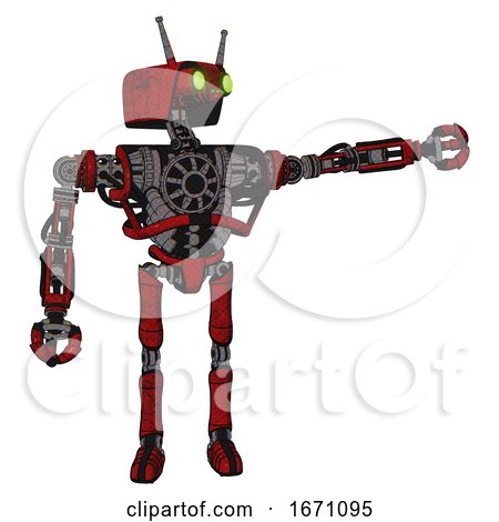 Robot Containing Dual Retro Camera Head and Cyborg Antenna Head and Heavy Upper Chest and No Chest Plating and Ultralight Foot Exosuit. Red Blood Grunge Material. Pointing Left or Pushing a Button.. by Leo Blanchette