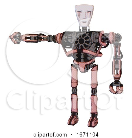Droid Containing Humanoid Face Mask and Blood Tears and Heavy Upper Chest and No Chest Plating and Ultralight Foot Exosuit. Toon Pink Tint. Arm out Holding Invisible Object.. by Leo Blanchette