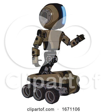 Bot Containing Round Head and Large Vertical Visor and Light Chest Exoshielding and Prototype Exoplate Chest and Six-wheeler Base. Desert Tan Painted. Interacting. by Leo Blanchette