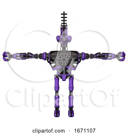 Robot Containing Dual Retro Camera Head and Wireless Internet Transmitter Head and Heavy Upper Chest and No Chest Plating and Ultralight Foot Exosuit. Secondary Purple Halftone. T-pose. by Leo Blanchette