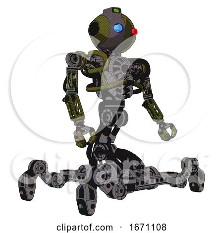 Mech Containing Oval Wide Head and Giant Blue and Red Led Eyes and Green Led Ornament and Heavy Upper Chest and No Chest Plating and Insect Walker Legs. Army Green Halftone. Facing Left View. by Leo Blanchette