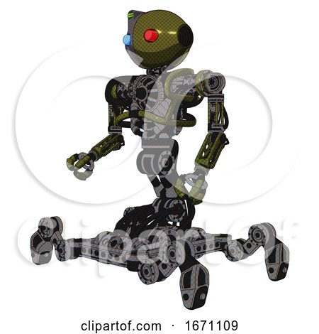 Mech Containing Oval Wide Head and Giant Blue and Red Led Eyes and Green Led Ornament and Heavy Upper Chest and No Chest Plating and Insect Walker Legs. Army Green Halftone. Facing Right View. by Leo Blanchette