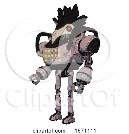 Mech Containing Bird Skull Head and Red Line Eyes and Crow Feather Design and Heavy Upper Chest and Colored Lights Array and Ultralight Foot Exosuit. Gray Metal. Facing Right View. by Leo Blanchette