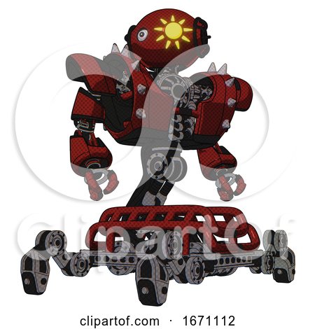 Robot Containing Oval Wide Head and Sunshine Patch Eye and Heavy Upper Chest and Heavy Mech Chest and Shoulder Spikes and Insect Walker Legs. Matted Red. Hero Pose. by Leo Blanchette