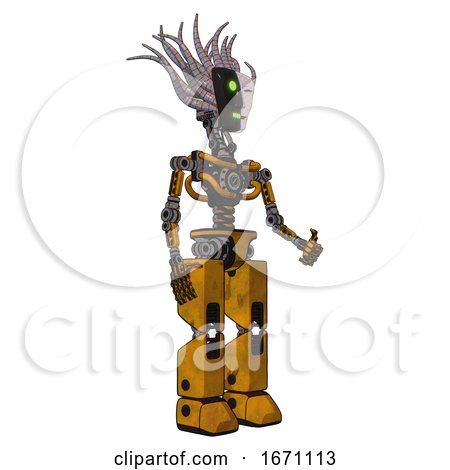 Bot Containing Humanoid Face Mask and Two-face Black White Mask and Light Chest Exoshielding and No Chest Plating and Prototype Exoplate Legs. Worn Construction Yellow. Facing Left View. by Leo Blanchette