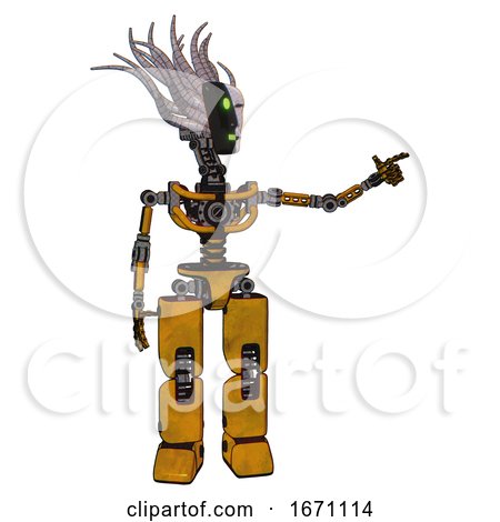 Bot Containing Humanoid Face Mask and Two-face Black White Mask and Light Chest Exoshielding and No Chest Plating and Prototype Exoplate Legs. Worn Construction Yellow. by Leo Blanchette
