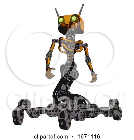 Droid Containing Dual Retro Camera Head and Cyborg Antenna Head and Light Chest Exoshielding and No Chest Plating and Insect Walker Legs. Primary Yellow Halftone. Hero Pose. by Leo Blanchette
