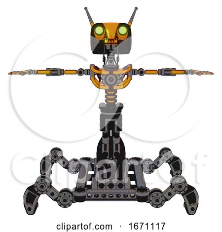 Droid Containing Dual Retro Camera Head and Cyborg Antenna Head and Light Chest Exoshielding and No Chest Plating and Insect Walker Legs. Primary Yellow Halftone. T-pose. by Leo Blanchette