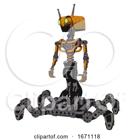 Droid Containing Dual Retro Camera Head and Cyborg Antenna Head and Light Chest Exoshielding and No Chest Plating and Insect Walker Legs. Primary Yellow Halftone. Standing Looking Right Restful Pose. by Leo Blanchette