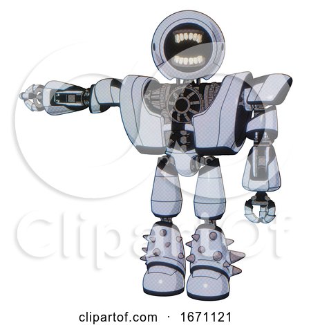 Bot Containing Round Head Chomper Design and Heavy Upper Chest and Heavy Mech Chest and Light Leg Exoshielding and Spike Foot Mod. Blue Tint Toon. Arm out Holding Invisible Object.. by Leo Blanchette