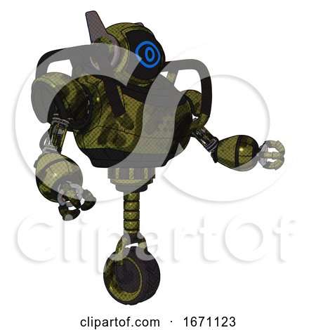 Bot Containing Digital Display Head and Large Eye and Winglets and Heavy Upper Chest and Unicycle Wheel. Grunge Army Green. Interacting. by Leo Blanchette