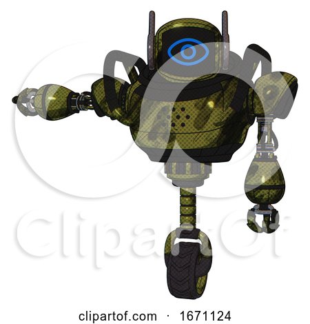 Bot Containing Digital Display Head and Large Eye and Winglets and Heavy Upper Chest and Unicycle Wheel. Grunge Army Green. Arm out Holding Invisible Object.. by Leo Blanchette