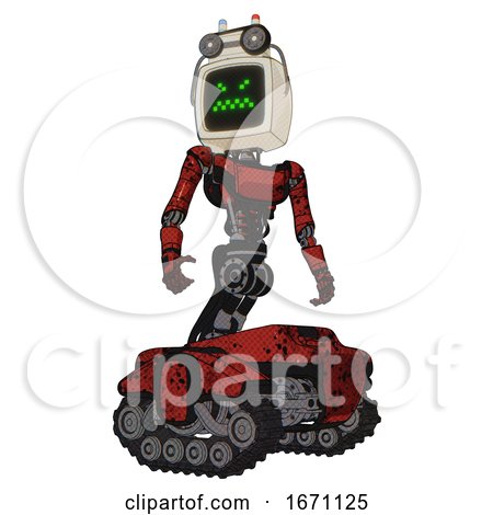 Automaton Containing Old Computer Monitor and Angry Pixels Face and Old Computer Magnetic Tape and Light Chest Exoshielding and Ultralight Chest Exosuit and Tank Tracks. Grunge Dots Cherry Tomato Red. by Leo Blanchette