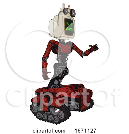 Automaton Containing Old Computer Monitor and Angry Pixels Face and Old Computer Magnetic Tape and Light Chest Exoshielding and Ultralight Chest Exosuit and Tank Tracks. Grunge Dots Cherry Tomato Red. by Leo Blanchette