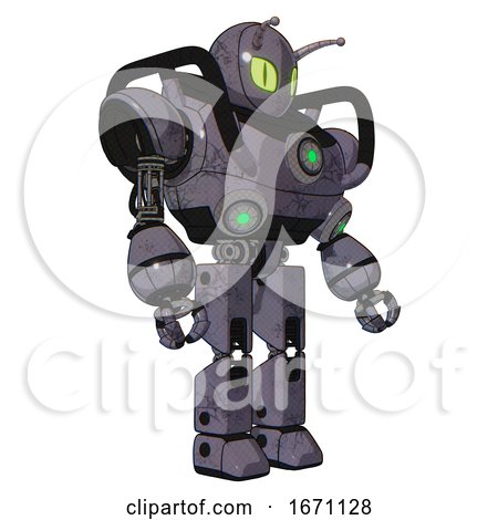 Automaton Containing Grey Alien Style Head and Cat's Eyes and Bug Antennas and Heavy Upper Chest and Chest Green Energy Cores and Prototype Exoplate Legs. Light Lavender Metal. Facing Left View. by Leo Blanchette