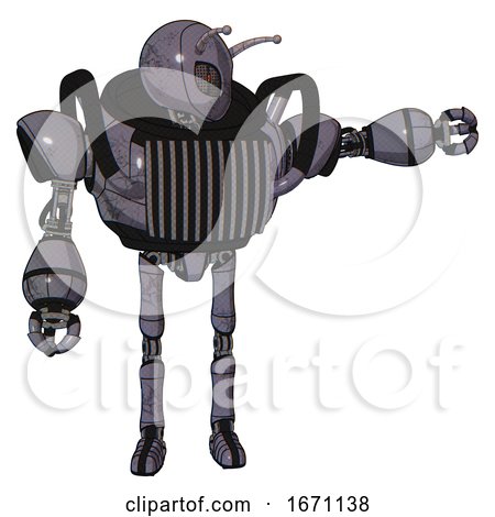 Robot Containing Grey Alien Style Head and Metal Grate Eyes and Bug Antennas and Heavy Upper Chest and Chest Vents and Ultralight Foot Exosuit. Light Lavender Metal. by Leo Blanchette