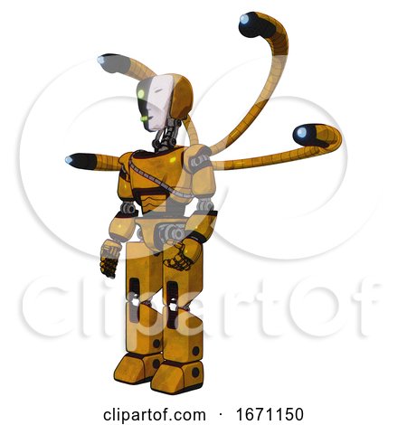 Mech Containing Humanoid Face Mask and Two-face Black White Mask and Light Chest Exoshielding and Cable Sash and Blue-eye Cam Cable Tentacles and Prototype Exoplate Legs. Worn Construction Yellow. by Leo Blanchette