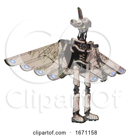 Automaton Containing Dual Retro Camera Head and Reversed Fin Head and Light Chest Exoshielding and Cherub Wings Design and No Chest Plating and Ultralight Foot Exosuit. Halftone Sketch. Hero Pose. by Leo Blanchette