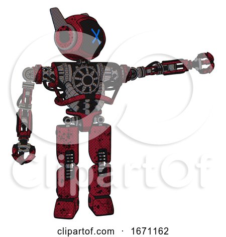Robot Containing Digital Display Head and X Face and Winglets and Heavy Upper Chest and No Chest Plating and Prototype Exoplate Legs. Grunge Dots Royal Red. Pointing Left or Pushing a Button.. by Leo Blanchette