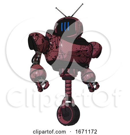 Bot Containing Digital Display Head and Three Vertical Line Design and Retro Antennas and Heavy Upper Chest and Unicycle Wheel. Muavewood Halftone Grunge. Hero Pose. by Leo Blanchette