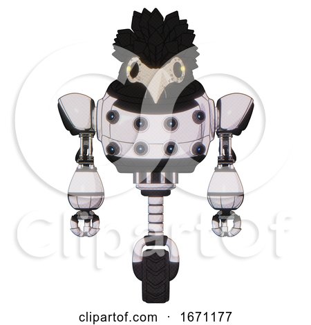 Robot Containing Bird Skull Head and Yellow Led Protruding Eyes and Crow Feather Design and Heavy Upper Chest and Chest Energy Sockets and Unicycle Wheel. White Halftone Toon. Front View. by Leo Blanchette
