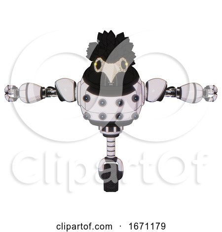 Robot Containing Bird Skull Head and Yellow Led Protruding Eyes and Crow Feather Design and Heavy Upper Chest and Chest Energy Sockets and Unicycle Wheel. White Halftone Toon. T-pose. by Leo Blanchette