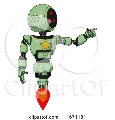 Mech Containing Three Led Eyes Round Head and Light Chest Exoshielding and Yellow Star and Jet Propulsion. Green Tint Toon. Pointing Left or Pushing a Button.. by Leo Blanchette