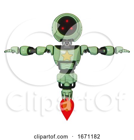 Mech Containing Three Led Eyes Round Head and Light Chest Exoshielding and Yellow Star and Jet Propulsion. Green Tint Toon. T-pose. by Leo Blanchette