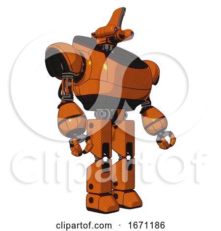 Automaton Containing Dual Retro Camera Head and Reversed Fin Head and Heavy Upper Chest and Prototype Exoplate Legs. Secondary Orange Halftone. Facing Left View. by Leo Blanchette