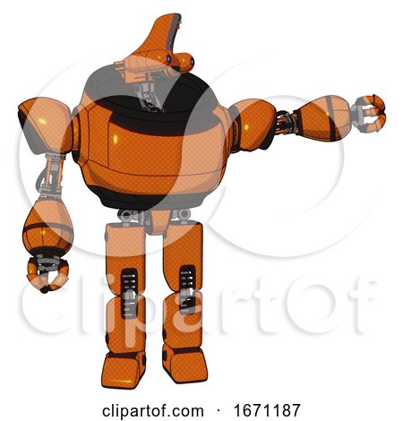 Automaton Containing Dual Retro Camera Head and Reversed Fin Head and Heavy Upper Chest and Prototype Exoplate Legs. Secondary Orange Halftone. Pointing Left or Pushing a Button.. by Leo Blanchette