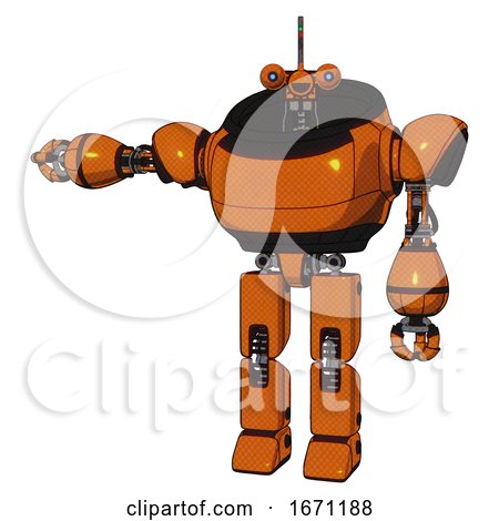 Automaton Containing Dual Retro Camera Head and Reversed Fin Head and Heavy Upper Chest and Prototype Exoplate Legs. Secondary Orange Halftone. Arm out Holding Invisible Object.. by Leo Blanchette