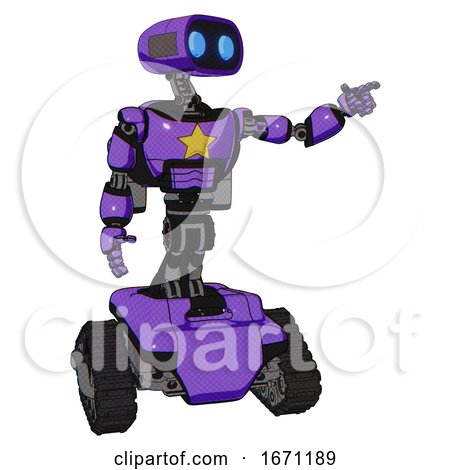Droid Containing Dual Retro Camera Head and Cute Retro Robo Head and Light Chest Exoshielding and Yellow Star and Rocket Pack and Tank Tracks. Secondary Purple Halftone. by Leo Blanchette