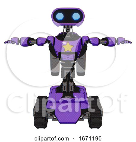 Droid Containing Dual Retro Camera Head and Cute Retro Robo Head and Light Chest Exoshielding and Yellow Star and Rocket Pack and Tank Tracks. Secondary Purple Halftone. T-pose. by Leo Blanchette