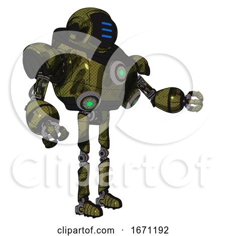 Droid Containing Digital Display Head and Three Horizontal Line Design and Heavy Upper Chest and Chest Green Energy Cores and Ultralight Foot Exosuit. Grunge Army Green. Interacting. by Leo Blanchette