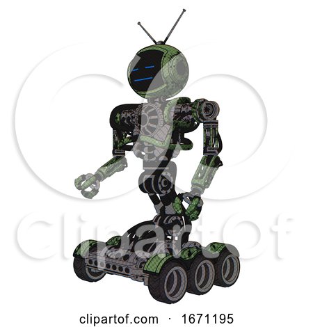 Cyborg Containing Digital Display Head and Sleeping Face and Retro Antennas and Heavy Upper Chest and No Chest Plating and Six-wheeler Base. Grunge Grass Green. Facing Right View. by Leo Blanchette