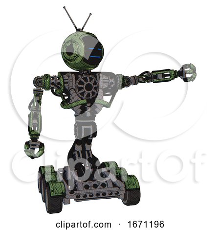 Cyborg Containing Digital Display Head and Sleeping Face and Retro Antennas and Heavy Upper Chest and No Chest Plating and Six-wheeler Base. Grunge Grass Green. Pointing Left or Pushing a Button.. by Leo Blanchette