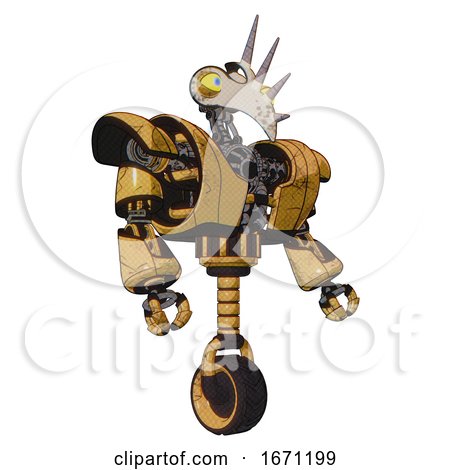 Bot Containing Bird Skull Head and Big Yellow Eyes and Heavy Upper Chest and Heavy Mech Chest and Unicycle Wheel. Construction Yellow Halftone. Facing Left View. by Leo Blanchette