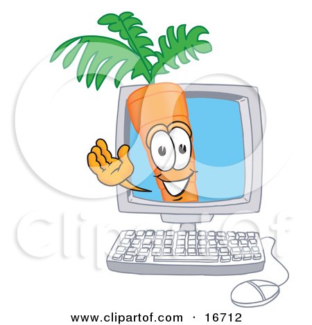 Clipart Picture of an Orange Carrot Mascot Cartoon Character Waving From Inside a Computer Screen by Mascot Junction