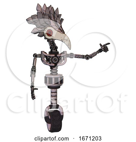 Robot Containing Bird Skull Head and Red Led Circle Eyes and Bird Feather Design and Light Chest Exoshielding and No Chest Plating and Unicycle Wheel. Gray Metal. Pointing Left or Pushing a Button.. by Leo Blanchette