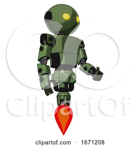 Bot Containing Oval Wide Head and Yellow Eyes and Light Chest Exoshielding and Prototype Exoplate Chest and Jet Propulsion. Grass Green. Facing Left View. by Leo Blanchette