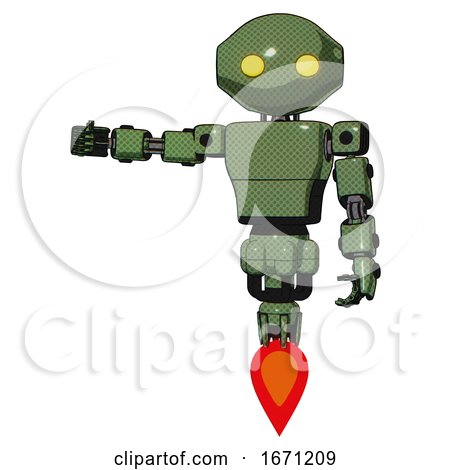 Bot Containing Oval Wide Head and Yellow Eyes and Light Chest Exoshielding and Prototype Exoplate Chest and Jet Propulsion. Grass Green. Arm out Holding Invisible Object.. by Leo Blanchette
