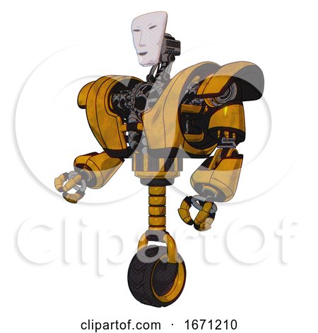 Droid Containing Humanoid Face Mask and Heavy Upper Chest and Heavy Mech Chest and Unicycle Wheel. Worn Construction Yellow. Facing Right View. by Leo Blanchette