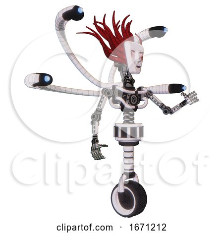 Droid Containing Humanoid Face Mask and Blood Tears and Light Chest Exoshielding and Blue-eye Cam Cable Tentacles and No Chest Plating and Unicycle Wheel. White Halftone Toon. Interacting. by Leo Blanchette