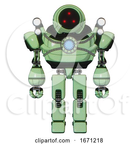 Mech Containing Three Led Eyes Round Head and Heavy Upper Chest and Chest Blue Energy Core and Shoulder Headlights and Prototype Exoplate Legs. Green Tint Toon. Front View. by Leo Blanchette